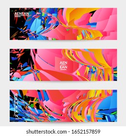 Abstract banner template with bright colored random small particle explosion. Sport music social media layout. Optical art dynamic background with outer space motion. Futuristic vector.