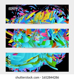Abstract banner template with bright colored random small particle explosion. Sport music social media layout. Optical art dynamic background with outer space motion. Futuristic vector.