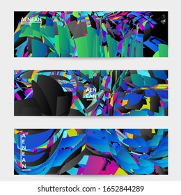 Abstract banner template with bright colored random small particle explosion. Sport music social media layout. Optical art dynamic background with outer space motion. Futuristic vector.