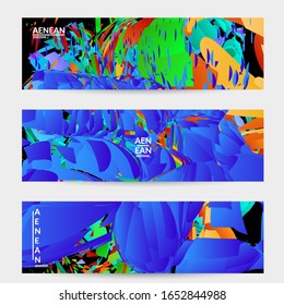 Abstract banner template with bright colored random small particle explosion. Sport music social media layout. Optical art dynamic background with outer space motion. Futuristic vector.