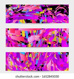 Abstract banner template with bright colored random small particle explosion. Sport music social media layout. Optical art dynamic background with outer space motion. Futuristic vector.