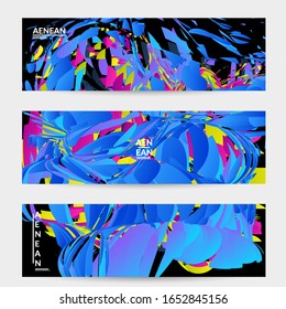 Abstract banner template with bright colored random small particle explosion. Sport music social media layout. Optical art dynamic background with outer space motion. Futuristic vector.