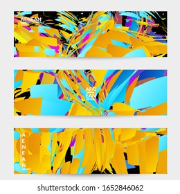 Abstract banner template with bright colored random small particle explosion. Sport music social media layout. Optical art dynamic background with outer space motion. Futuristic vector.