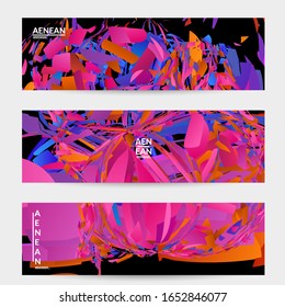 Abstract banner template with bright colored random small particle explosion. Sport music social media layout. Optical art dynamic background with outer space motion. Futuristic vector.