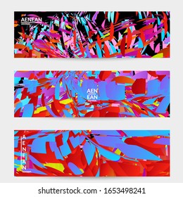 Abstract banner template with bright colored random small particle explosion. Sport music social media layout. Optical art dynamic background with outer space motion. Futuristic vector.