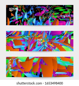 Abstract banner template with bright colored random small particle explosion. Sport music social media layout. Optical art dynamic background with outer space motion. Futuristic vector.