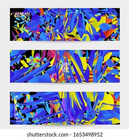 Abstract banner template with bright colored random small particle explosion. Sport music social media layout. Optical art dynamic background with outer space motion. Futuristic vector.