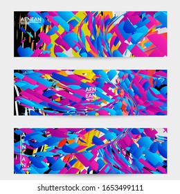 Plantilla de banner abstracta con explosión aleatoria de partículas pequeñas de colores vivos. Diseño de medios sociales de música deportiva. Fondo dinámico de arte óptico con movimiento en el espacio ultraterrestre. Vector futurista.