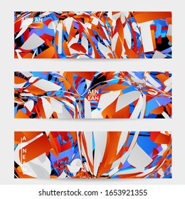 Plantilla de banner abstracta con explosión aleatoria de partículas pequeñas de colores vivos. Diseño de medios sociales de música deportiva. Fondo dinámico de arte óptico con movimiento en el espacio ultraterrestre. Vector futurista.
