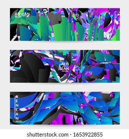 Plantilla de banner abstracta con explosión aleatoria de partículas pequeñas de colores vivos. Diseño de medios sociales de música deportiva. Fondo dinámico de arte óptico con movimiento en el espacio ultraterrestre. Vector futurista.