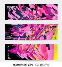 Abstract banner template with bright colored random small particle explosion. Sport music social media layout. Optical art dynamic background with outer space motion. Futuristic vector.