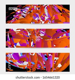 Plantilla de banner abstracta con explosión aleatoria de partículas pequeñas de colores vivos. Diseño de medios sociales de música deportiva. Fondo dinámico de arte óptico con movimiento en el espacio ultraterrestre. Vector futurista.