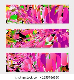 Abstract banner template with bright colored random small particle explosion. Sport music social media layout. Optical art dynamic background with outer space motion. Futuristic vector.