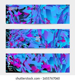Plantilla de banner abstracta con explosión aleatoria de partículas pequeñas de colores vivos. Diseño de medios sociales de música deportiva. Fondo dinámico de arte óptico con movimiento en el espacio ultraterrestre. Vector futurista.