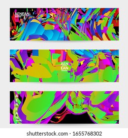 Abstract banner template with bright colored random small particle explosion. Sport music social media layout. Optical art dynamic background with outer space motion. Futuristic vector.