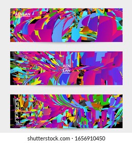 Abstract banner template with bright colored random small particle explosion. Sport music social media layout. Optical art dynamic background with outer space motion. Futuristic vector.
