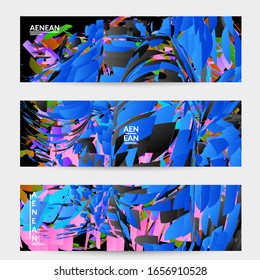 Abstract banner template with bright colored random small particle explosion. Sport music social media layout. Optical art dynamic background with outer space motion. Futuristic vector.