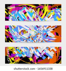 Abstract banner template with bright colored random small particle explosion. Sport music social media layout. Optical art dynamic background with outer space motion. Futuristic vector.