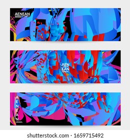 Plantilla de banner abstracta con explosión aleatoria de partículas pequeñas de colores vivos. Diseño de medios sociales de música deportiva. Fondo dinámico de arte óptico con movimiento en el espacio ultraterrestre. Vector futurista.
