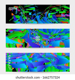 Abstract banner template with bright colored random small particle explosion. Sport music social media layout. Optical art dynamic background with outer space motion. Futuristic vector.