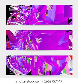 Abstract banner template with bright colored random small particle explosion. Sport music social media layout. Optical art dynamic background with outer space motion. Futuristic vector.
