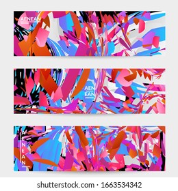 Abstrakte Bannervorlage mit hellfarbiger Zufallsfraktion kleiner Teilchenexplosion. Optische Kunst, dynamischer Hintergrund mit Bewegung im Weltraum. Futuristische Vektorillustration.