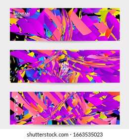 Plantilla de banner abstracta con explosión aleatoria de partículas pequeñas de colores vivos. Diseño de medios sociales de música deportiva. Fondo dinámico de arte óptico con movimiento en el espacio ultraterrestre. Vector futurista.
