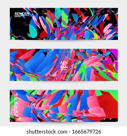 Plantilla de banner abstracta con explosión aleatoria de partículas pequeñas de colores vivos. Diseño de medios sociales de música deportiva. Fondo dinámico de arte óptico con movimiento en el espacio ultraterrestre. Vector futurista.