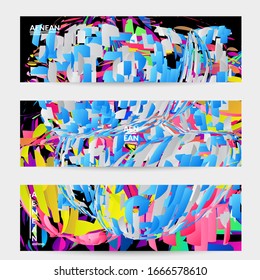 Plantilla de banner abstracta con explosión aleatoria de partículas pequeñas de colores vivos. Diseño de medios sociales de música deportiva. Fondo dinámico de arte óptico con movimiento en el espacio ultraterrestre. Vector futurista.