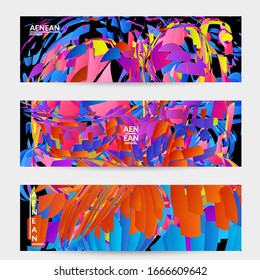 Abstrakte Bannervorlage mit hellfarbiger Zufallsfraktion kleiner Teilchenexplosion. Social Media-Layout von Sportmusik. Optische Kunst, dynamischer Hintergrund mit Bewegung im Weltraum. Futuristische Vektorillustration.