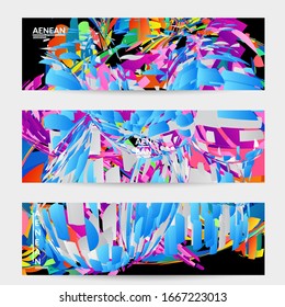 Abstract banner template with bright colored random small particle explosion. Sport music social media layout. Optical art dynamic background with outer space motion. Futuristic vector.