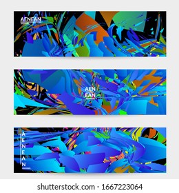 Plantilla de banner abstracta con explosión aleatoria de partículas pequeñas de colores vivos. Diseño de medios sociales de música deportiva. Fondo dinámico de arte óptico con movimiento en el espacio ultraterrestre. Vector futurista.
