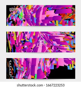 Abstrakte Bannervorlage mit hellfarbiger Zufallsfraktion kleiner Teilchenexplosion. Social Media-Layout von Sportmusik. Optische Kunst, dynamischer Hintergrund mit Bewegung im Weltraum. Futuristische Vektorillustration.