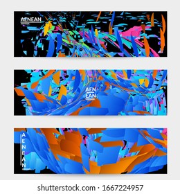 Abstract banner template with bright colored random small particle explosion. Sport music social media layout. Optical art dynamic background with outer space motion. Futuristic vector.
