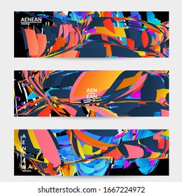 Abstract banner template with bright colored random small particle explosion. Sport music social media layout. Optical art dynamic background with outer space motion. Futuristic vector.