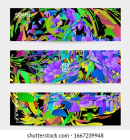 Abstract banner template with bright colored random small particle explosion. Sport music social media layout. Optical art dynamic background with outer space motion. Futuristic vector.