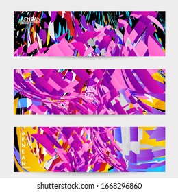 Abstrakte Bannervorlage mit hellfarbiger Zufallsfraktion kleiner Teilchenexplosion. Social Media-Layout von Sportmusik. Optische Kunst, dynamischer Hintergrund mit Bewegung im Weltraum. Futuristische Vektorillustration.