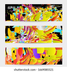 Abstract banner template with bright colored random small particle explosion. Sport music social media layout. Optical art dynamic background with outer space motion. Futuristic vector.