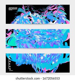 Abstract banner template with bright colored random small particle explosion. Sport music social media layout. Optical art dynamic background with outer space motion. Futuristic vector.