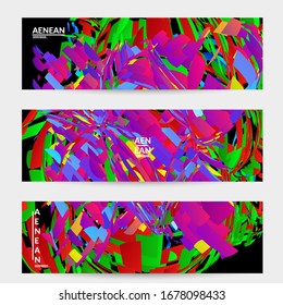 Abstract banner template with bright colored random small particle explosion. Sport music social media layout. Optical art dynamic background with outer space motion. Futuristic vector.