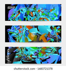 Abstract banner template with bright colored random small particle explosion. Sport music social media layout. Optical art dynamic background with outer space motion. Futuristic vector.