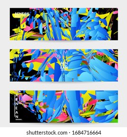 Abstract banner template with bright colored random small particle explosion. Sport, music, social media layout. Optical art dynamic background with outer space motion. Futuristic vector.