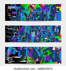 Abstract banner template with bright colored random small particle explosion. Sport music social media layout. Optical art dynamic background with outer space motion. Futuristic vector.