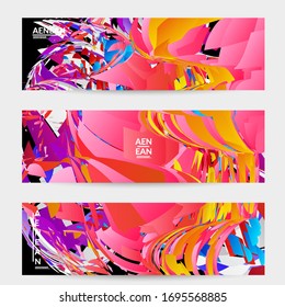Abstract banner template with bright colored random small particle explosion. Sport music social media layout. Optical art dynamic background with outer space motion. Futuristic vector.