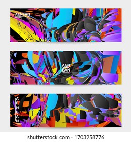 Abstract banner template with bright colored random small particle explosion. Sport music social media layout. Optical art dynamic background with outer space motion. Futuristic vector.