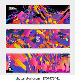 Abstract banner template with bright colored random small particle explosion. Sport music social media layout. Optical art dynamic background with outer space motion. Futuristic vector.