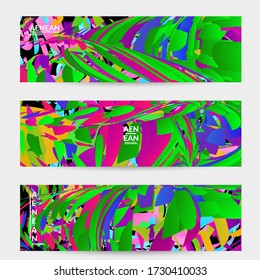Abstract banner template with bright colored random small particle explosion. Sport music social media layout. Optical art dynamic background with outer space motion. Futuristic vector.