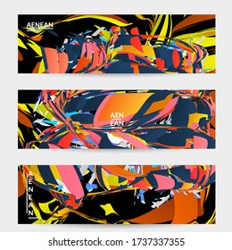 Abstract banner template with bright colored random small particle explosion. Sport music social media layout. Optical art dynamic background with outer space motion. Futuristic vector.