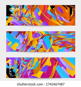 Abstract banner template with bright colored random small particle explosion. Sport music social media layout. Optical art dynamic background with outer space motion. Futuristic vector.