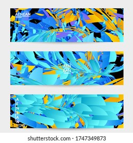 Abstract banner template with bright colored random small particle explosion. Sport music social media layout. Optical art dynamic background with outer space motion. Futuristic vector.